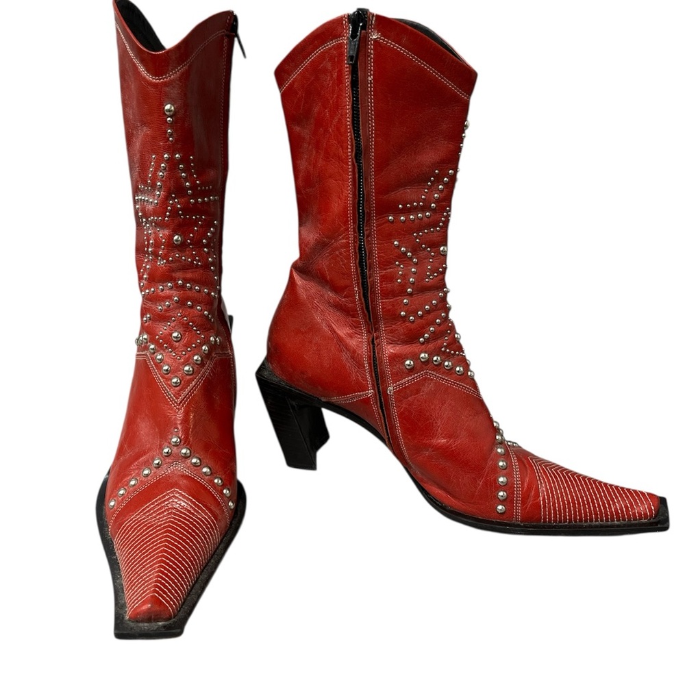 Materia Prima By Goffredo Fantini Red Leather Studded Western Boots 39.5